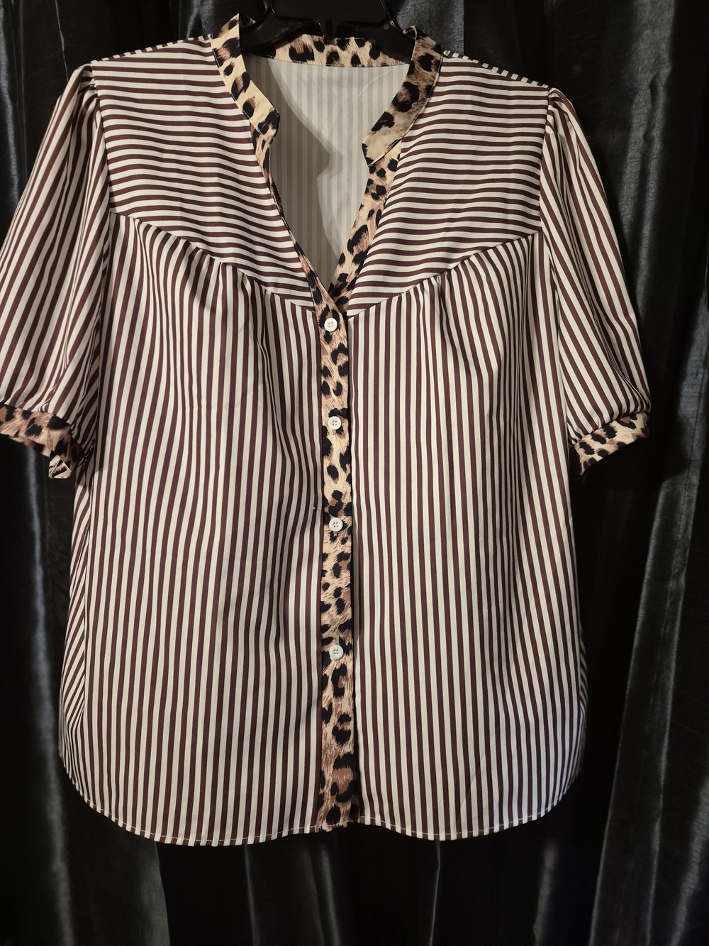 Striped Brown and Cream Blouse with Leopard Trim